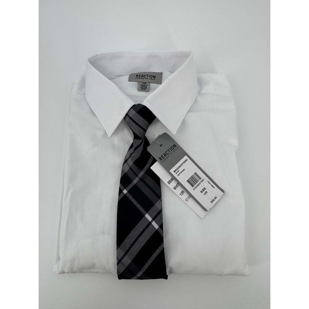 Kenneth Cole Reaction Boys L/S White Dress Shirt and Plaid Tie Set Size 12R New